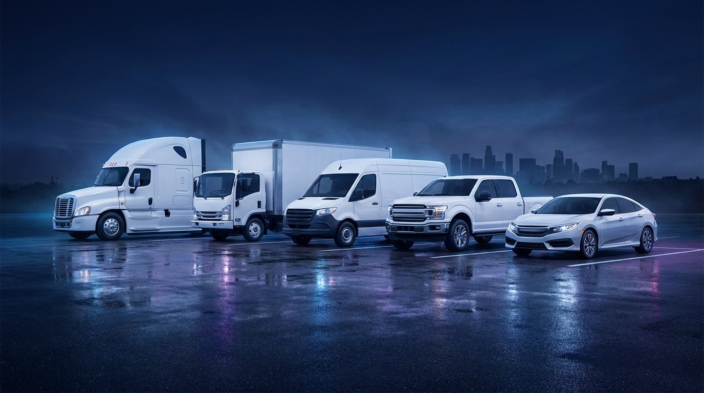 Semi truck, box truck, cargo van, pickup truck and sedan fleet lineup serviced by FleetSquad