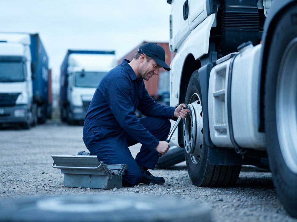ASE Master Technician servicing a semi truck at a fleet yard